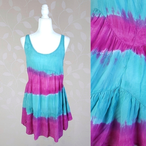 Blu Moon Revolve Tie Dye Mini Dress XS Teal Magenta Rayon Boho Festival - Picture 1 of 14